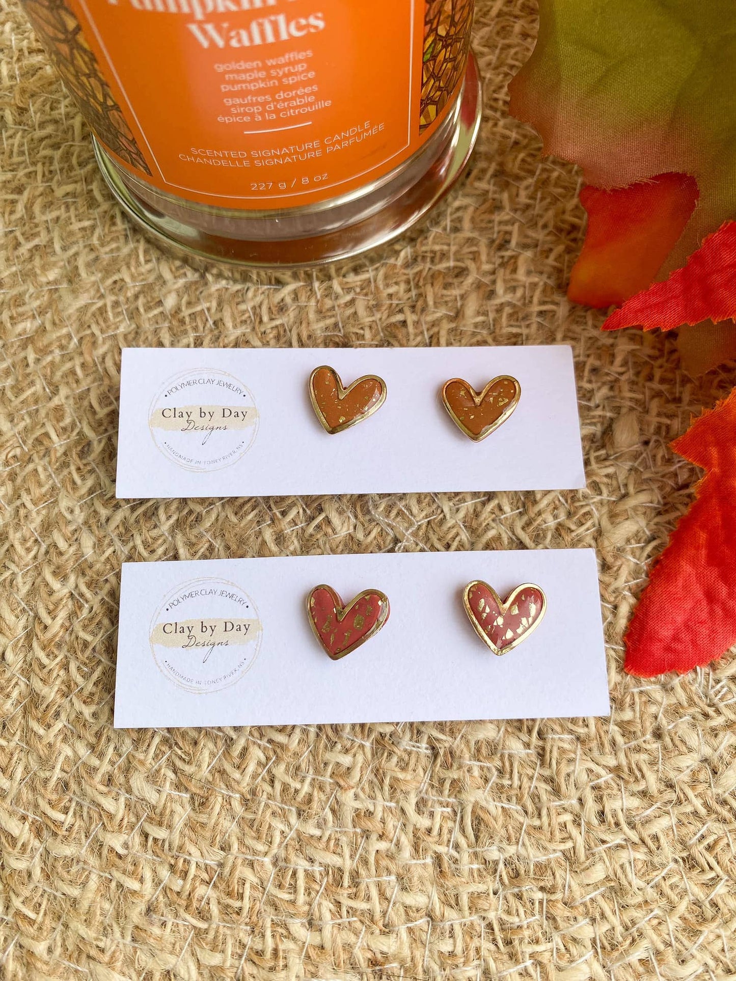 Clay by Day Designs - Autumn Gold Trim Heart - polymer clay earring : Terracotta