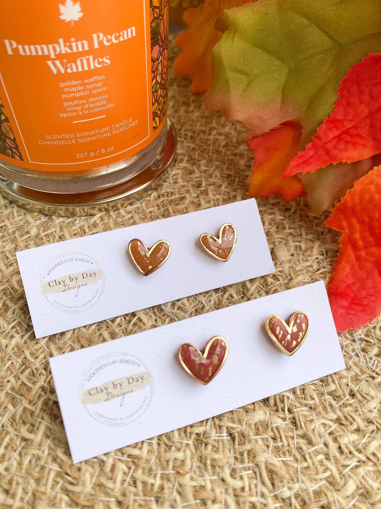 Clay by Day Designs - Autumn Gold Trim Heart - polymer clay earring : Terracotta