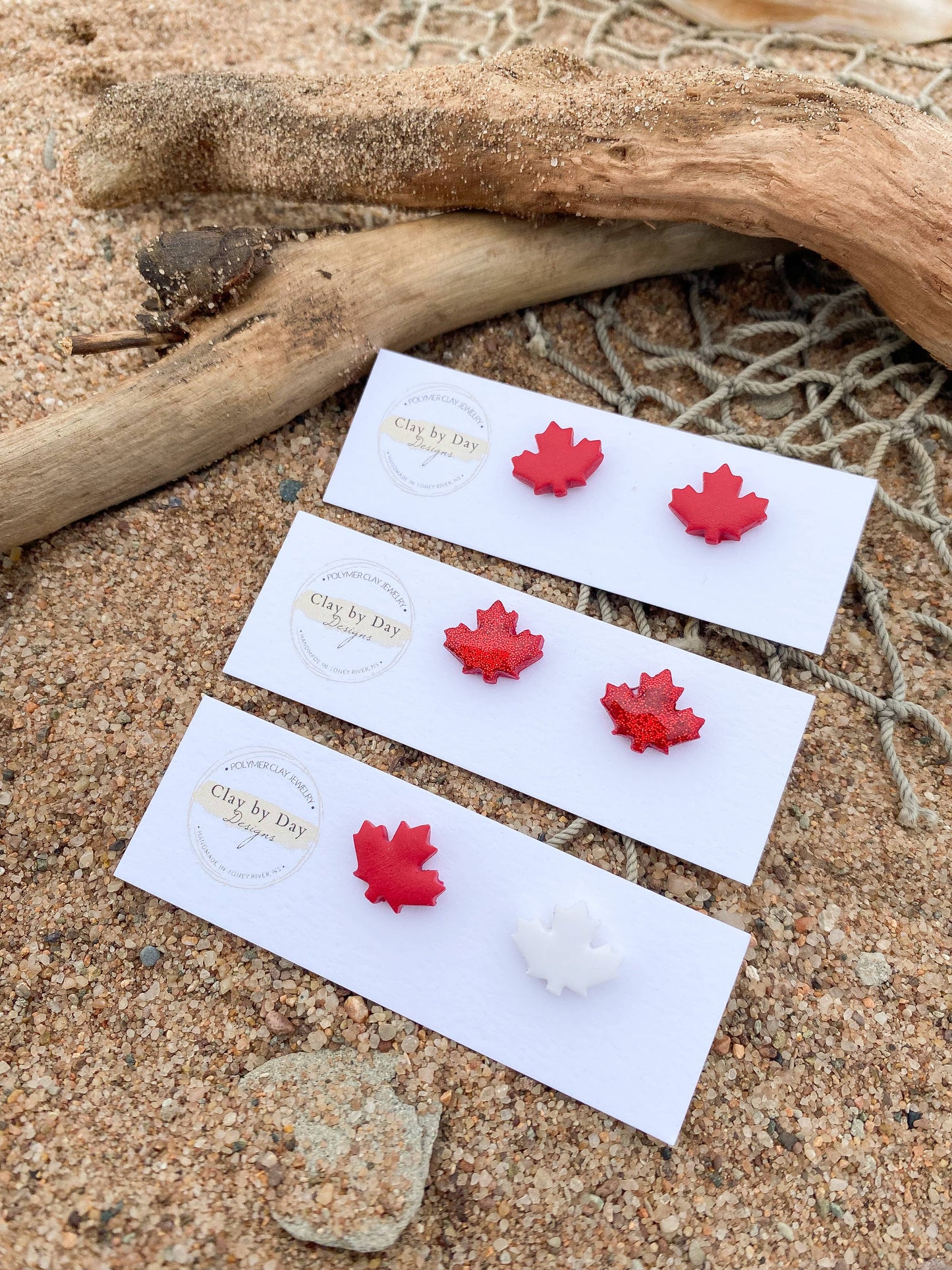 Canada Day Studs - Maple Leaf - polymer clay earring: Solid red