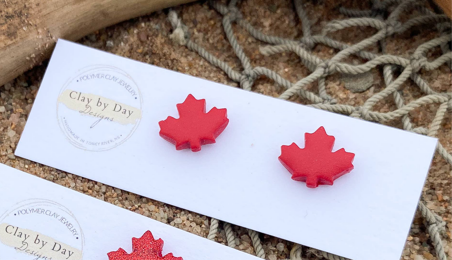 Canada Day Studs - Maple Leaf - polymer clay earring: Solid red