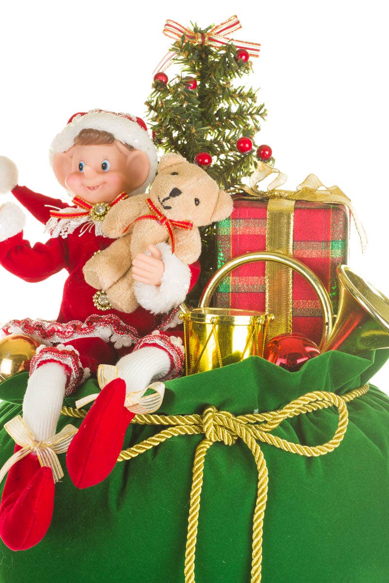 Starlight Collection - Red/Green Elf'S Christmas Sack Figurine With Bear