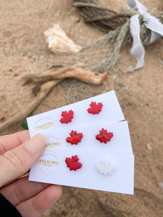 Canada Day Studs - Maple Leaf - polymer clay earring: Solid red