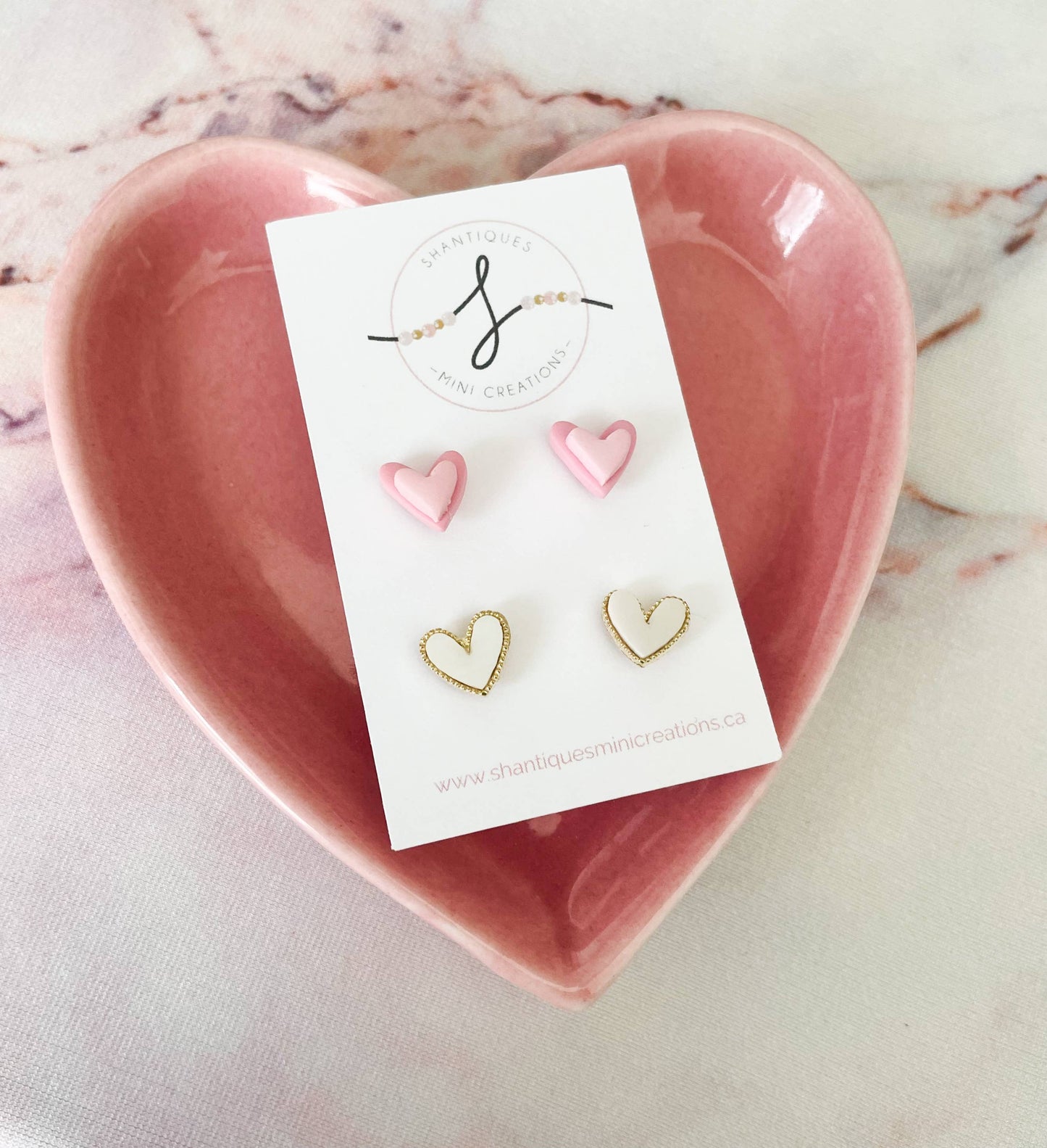 Duo Earrings - Polymer Clay Hearts: Pink