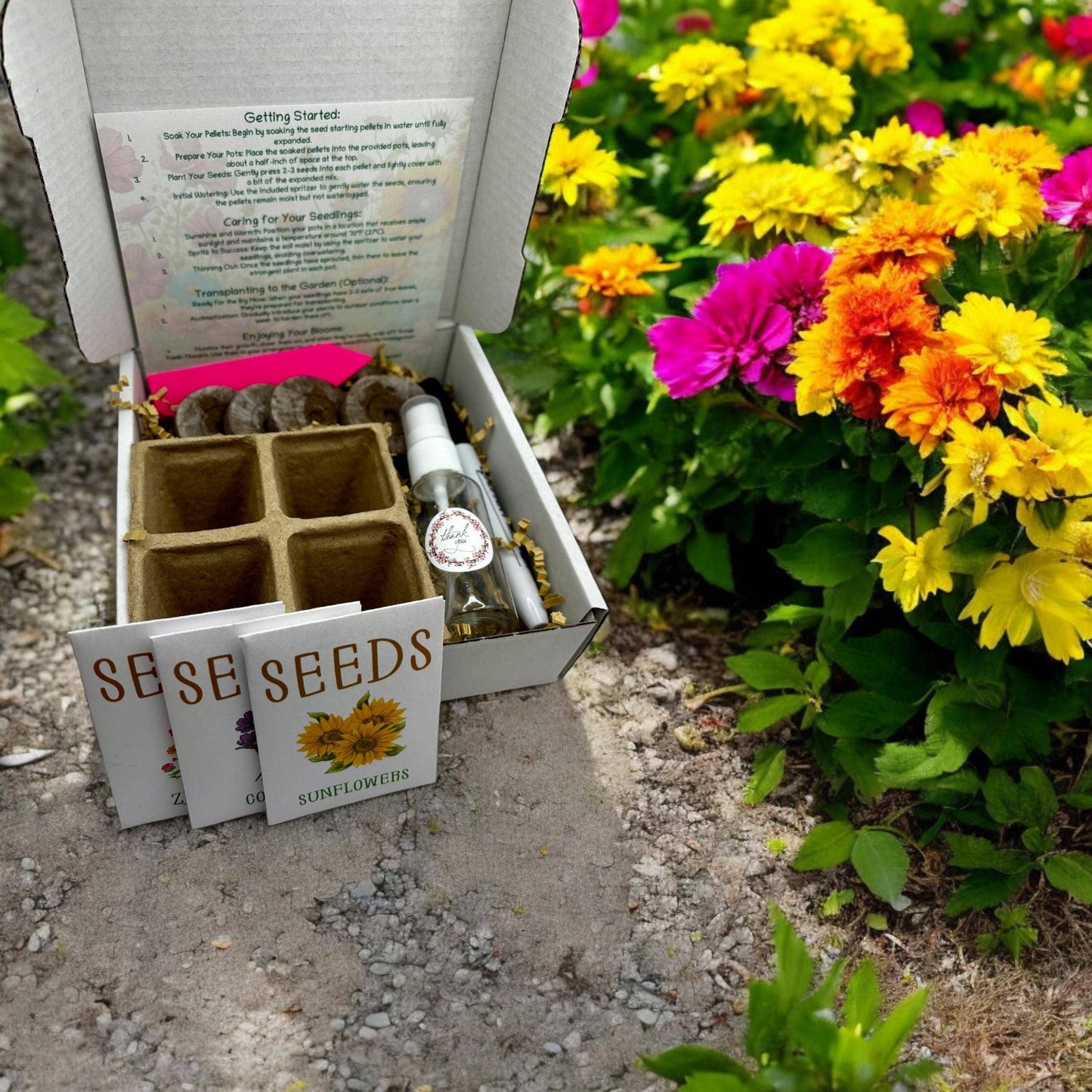 Fuschia Designs Shop - Cut Flower Garden Kit w/ Zinnia, Cosmo, and Sunflower seeds