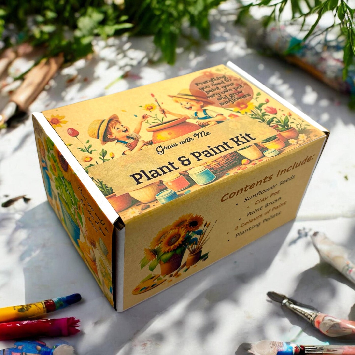 Fuschia Designs Shop - Paint, Plant & Grow DIY Kit with Clay Pot, Sunflower Seeds, Paint Brush, Paint, Soil