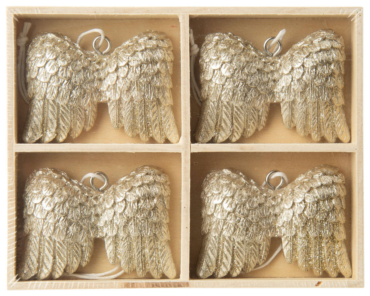 Silver Tree Home & Holiday - A29366:Set of 4 glittered resin angel wing orns, 1.5 in