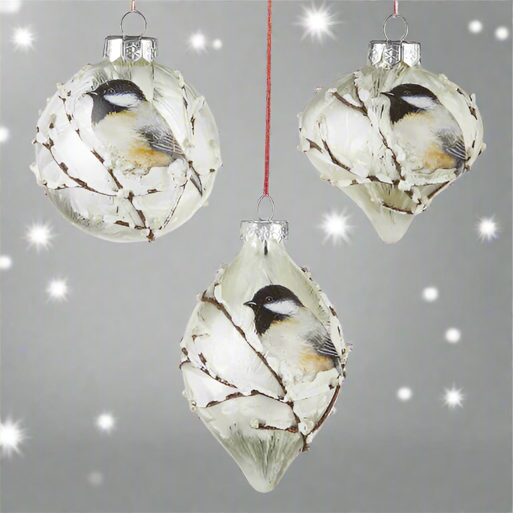 3 Inch Glass Chickadee Ornaments, 3 Styles, Sold Individually