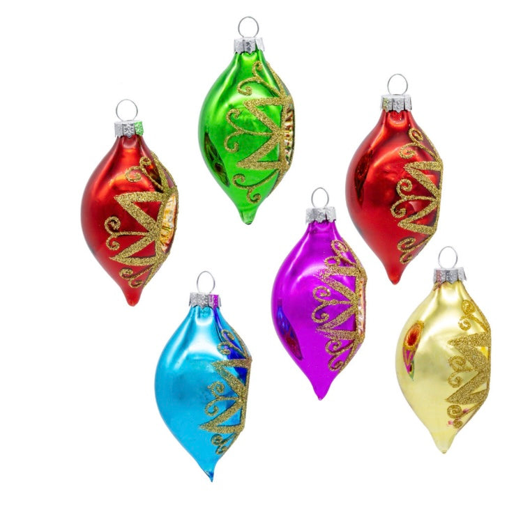 88mm Glass Multicoloured Reflector With Gold Glitter Drop Ornament Set, 6-Pieces
