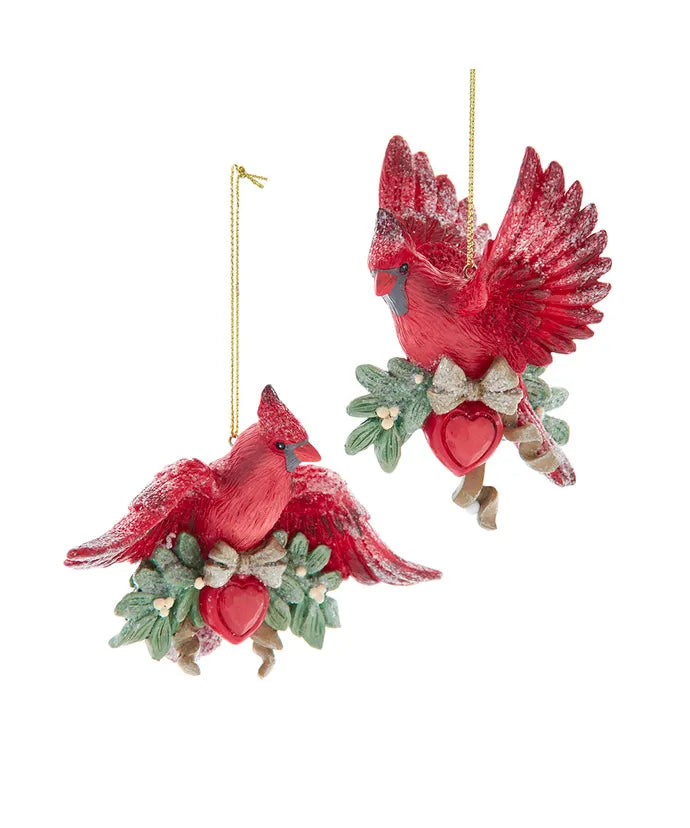 Mistletoe Cardinal With Red Heart Ornaments, 2 Assorted (Sold Individually)