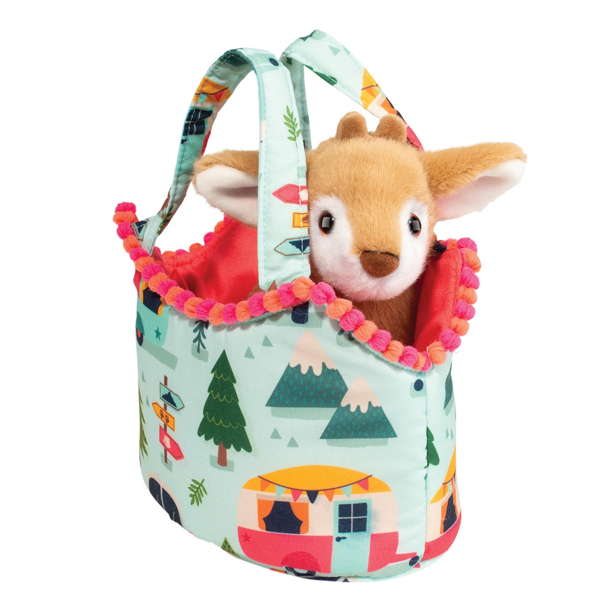 Carry this en-deer-ing Camping Sassy Pet Sak with you on your roadtrip this summer and you’ll always have a place to safely stow your souvenirs! Decorated with roadway signs, scenery, and colorful vintage caravans, this playful tote is designed with adventure in mind! A pompom trim in vibrant orange and pink colors runs along its edge and adds flair to its appearance. A critter from the wooded wilds comes along for the ride in the form of an adorable fawn stuffed animal. Her sweet expression is enhanced by