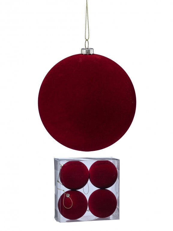 100MM PLASTIC FLOCKED BALL ORNAMENT BOX of 4, 3 Assorted (sold individually)