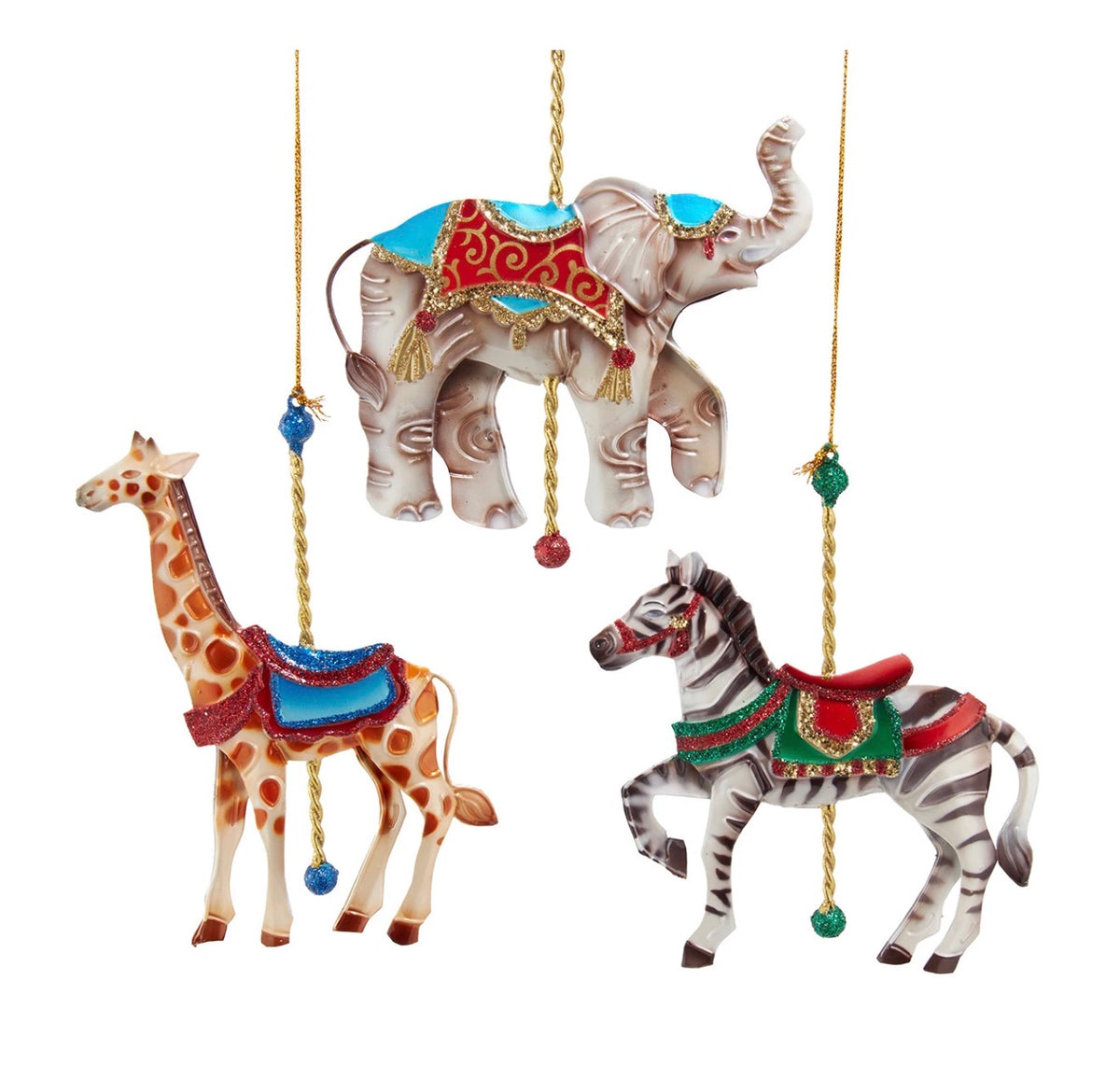 Elephant, Giraffe & Zebra Ornaments, 3 Assorted