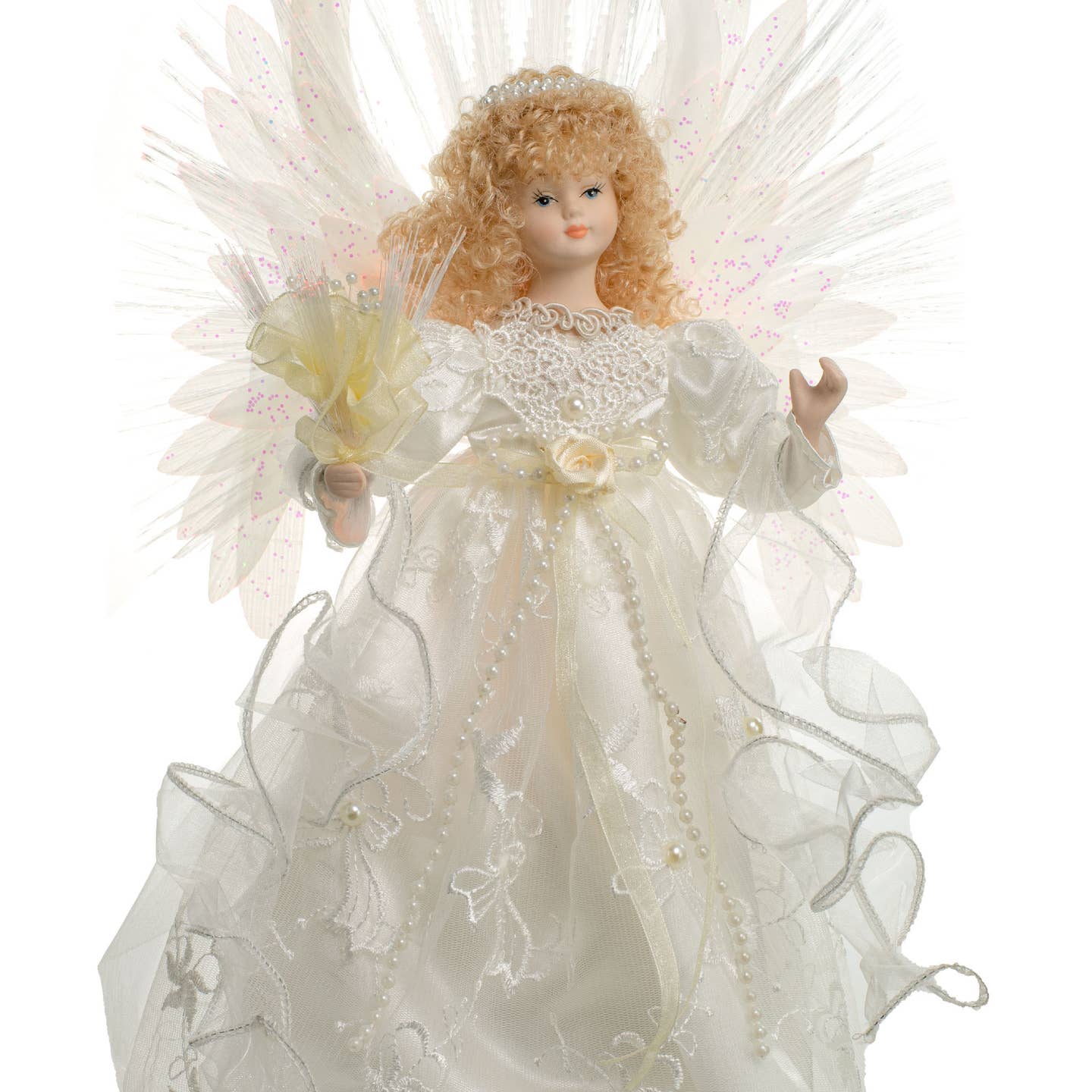 Ivory Fiber Optic Angel Tree Topper with Blonde Curly Hair