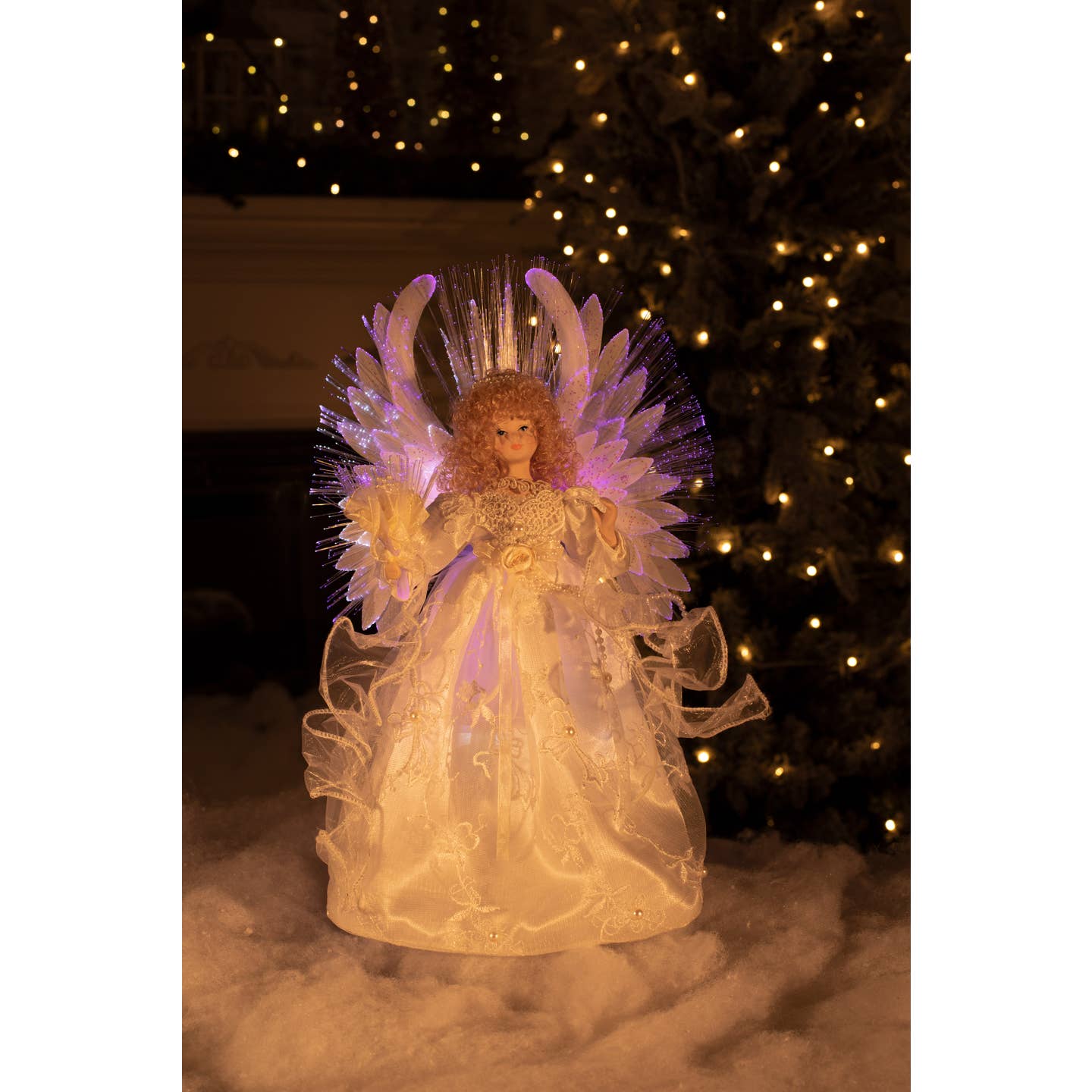 Ivory Fiber Optic Angel Tree Topper with Blonde Curly Hair