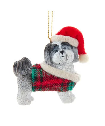 Dog With Plaid Coat and Santa Hat Ornaments, 12 Assorted (sold individually)