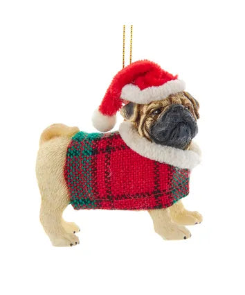 Dog With Plaid Coat and Santa Hat Ornaments, 12 Assorted (sold individually)