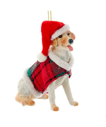 Dog With Plaid Coat and Santa Hat Ornaments, 12 Assorted (sold individually)