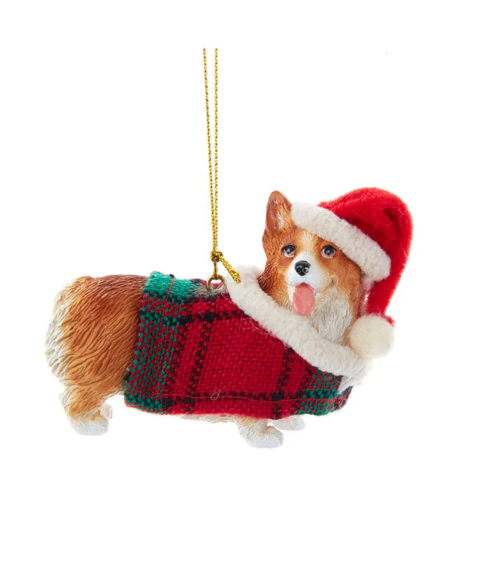 Dog With Plaid Coat and Santa Hat Ornaments, 12 Assorted (sold individually)
