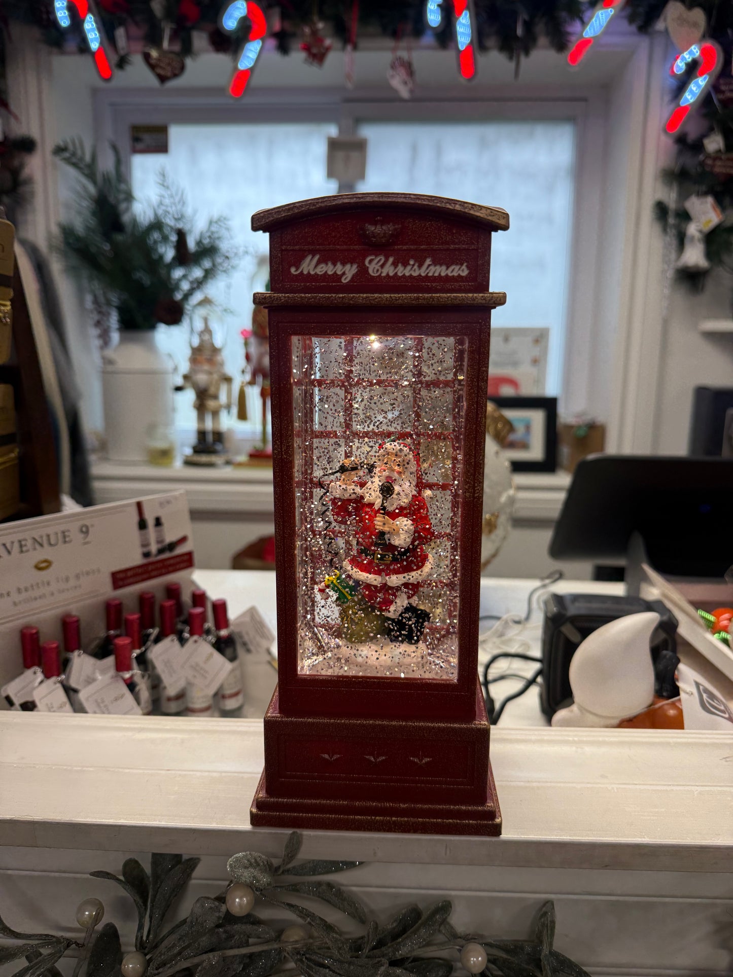 10" Red LED Phone Booth Snow Globe with Santa