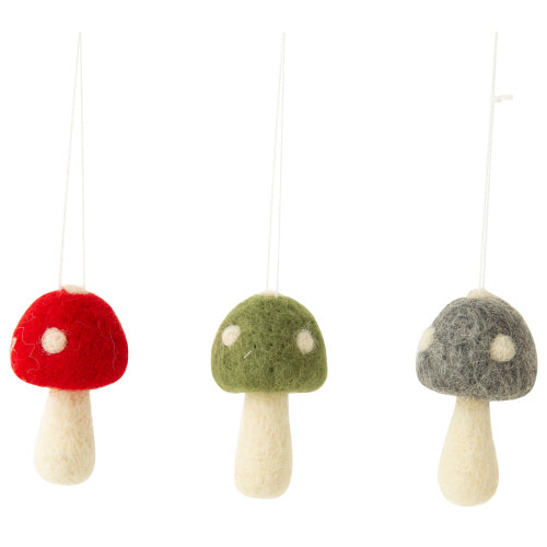 Mini Felt Mushroom Ornaments, 3 Assorted Colours, Sold Individually