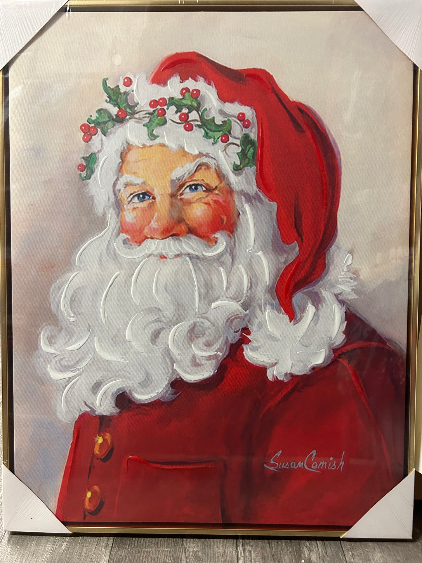 27.25 Inch Classic Santa Textured Framed Wall Art by Artist Susan Comish