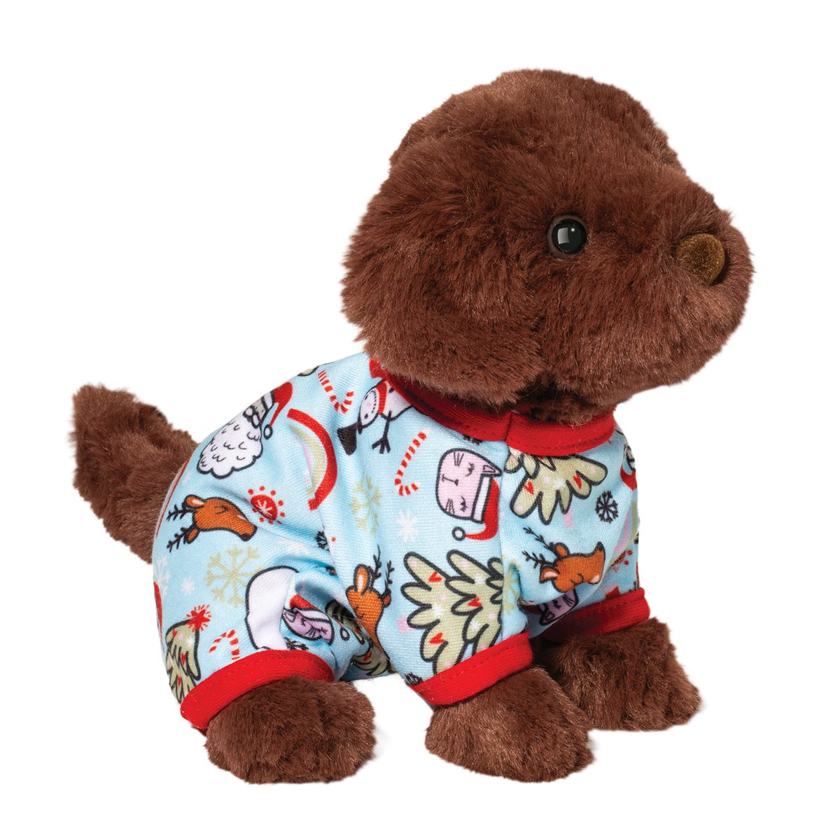 What’s more fun than finding chocolate in your stocking? Perhaps a plush Chocolate Lab puppy! This adorable PJ Pup stuffed animal is perfectly sized to nestle into the top of a stocking. His endearing dark eyed expression will bring joy to his new caretaker, while irresistibly soft materials will earn him endless love and cuddles. His whimsical pajamas are trimmed with red and patterned with a fun assortment of holiday images that include Santa Claus, snowmen, reindeer, and more! Make this lovable stocking