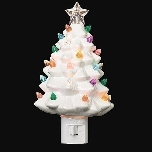 The Vintage Christmas Tree Nightlight decorates with nostalgia. This ceramic nightlight, by Roman Lights(TM), features a vintage-style white  tree with colored acrylic lights and a clear star at the top. Nightlight bulb is included; plug rotates to accommodate any outlet. On/off switch is located on the front of the base. Christmas tree nightlight measures 4"Wx3"Dx7"H.