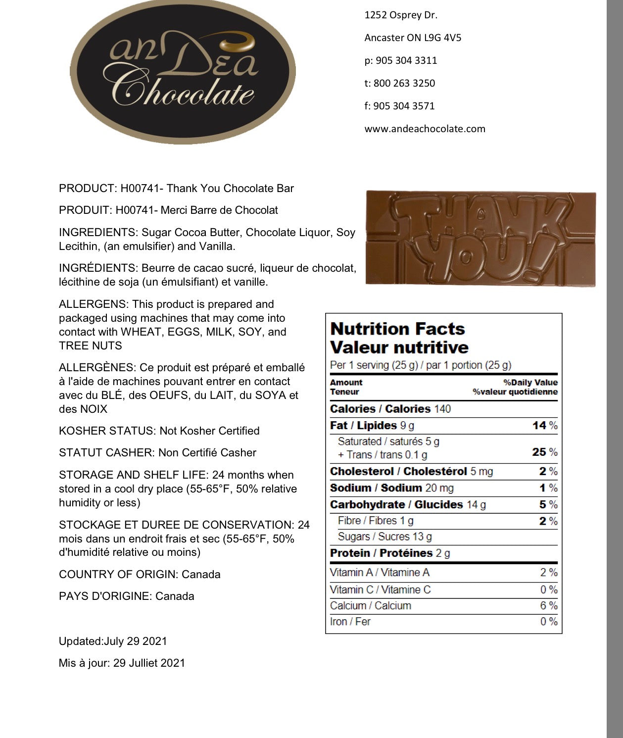 Milk Chocolate Thank You Bar