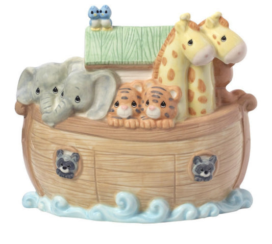 Inspired by Noah’s legendary ark, this colorful piggy bank features the smiling faces of God’s creatures! 
Keeping their first coins and dollars safe, this bank will be treasured throughout childhood and passed down to future generations
The perfect gift for any of baby boy’s or girl’s special occasions, from baby showers and first birthdays to baptisms and holidays
Expertly crafted in porcelain and carefully hand painted
Approximately 5.5 inches high