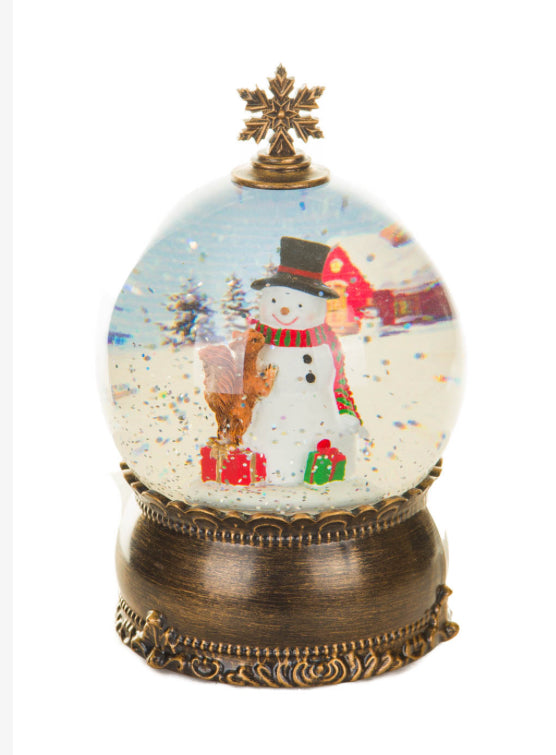 Brass Plastic Bauble Warm White LED Snow Globe with Snowman and Swirling Glitter