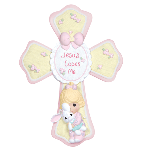 Gift the Precious Moments | Jesus Loves Me, Bunny Cross With Stand Figurine for a special girl—a tender and spiritual present that symbolizes faith and love in every delicate detail.
Clutching her cherished bunny, this delightful figurine adorns a pastel-coloured cross, ideal for a little girl's room. It comes with an easel stand for an effortless display. This inspiring gift reminds her of the love and protection she has both on earth and in heaven. Perfect for religious milestones like baptisms, First Co