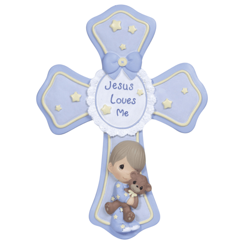 Gift the Precious Moments | Jesus Loves Me, Teddy Cross With Stand Figurine for a special boy—a tender and spiritual present that symbolizes faith and love in every delicate detail.
Clutching his cherished teddy, this delightful figurine adorns a pastel-coloured cross, ideal for a little boy's room. It comes with an easel stand for an effortless display. This inspiring gift reminds him of the love and protection he has both on earth and in heaven. Perfect for religious milestones like baptisms, First Commu