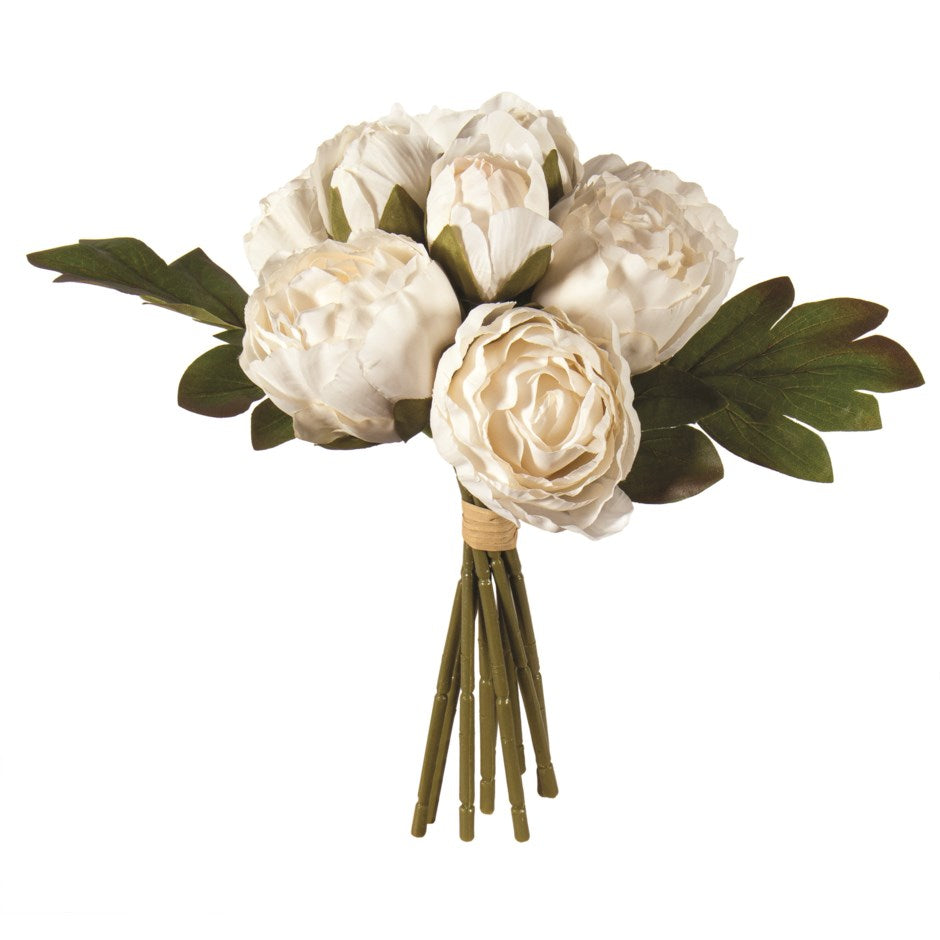 This elegant ivory peony bouquet is the perfect addition to any wedding or event. Crafted from high-quality polyester and plastic, these realistic flowers will maintain their beautiful appearance without wilting or needing water. Measuring 7.5 inches in diameter and 10 inches tall, this bundle is both stunning and long-lasting.