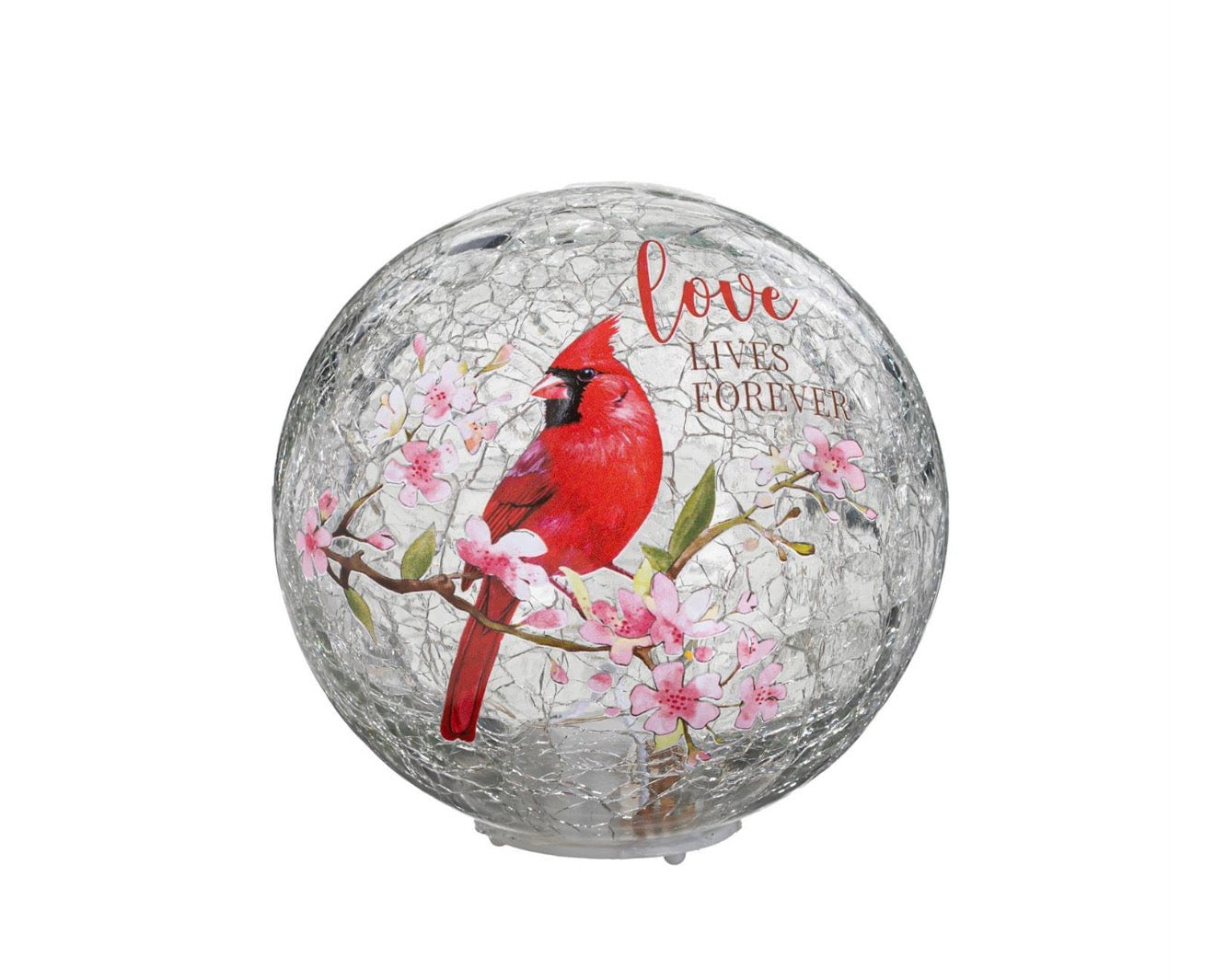 Memorial LED Table Decor Crackled Glass Hand Painted Globe Cardinal "Love Lives Forever", 4"