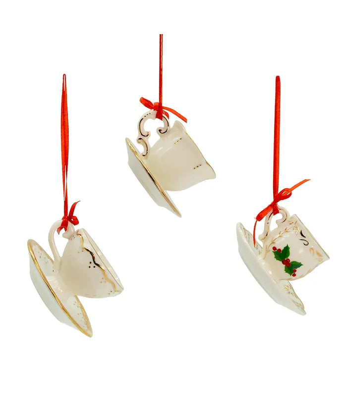Porcelain Holiday Formal Tea Cup Ornaments, 3 Assorted (sold individually or as a set)
