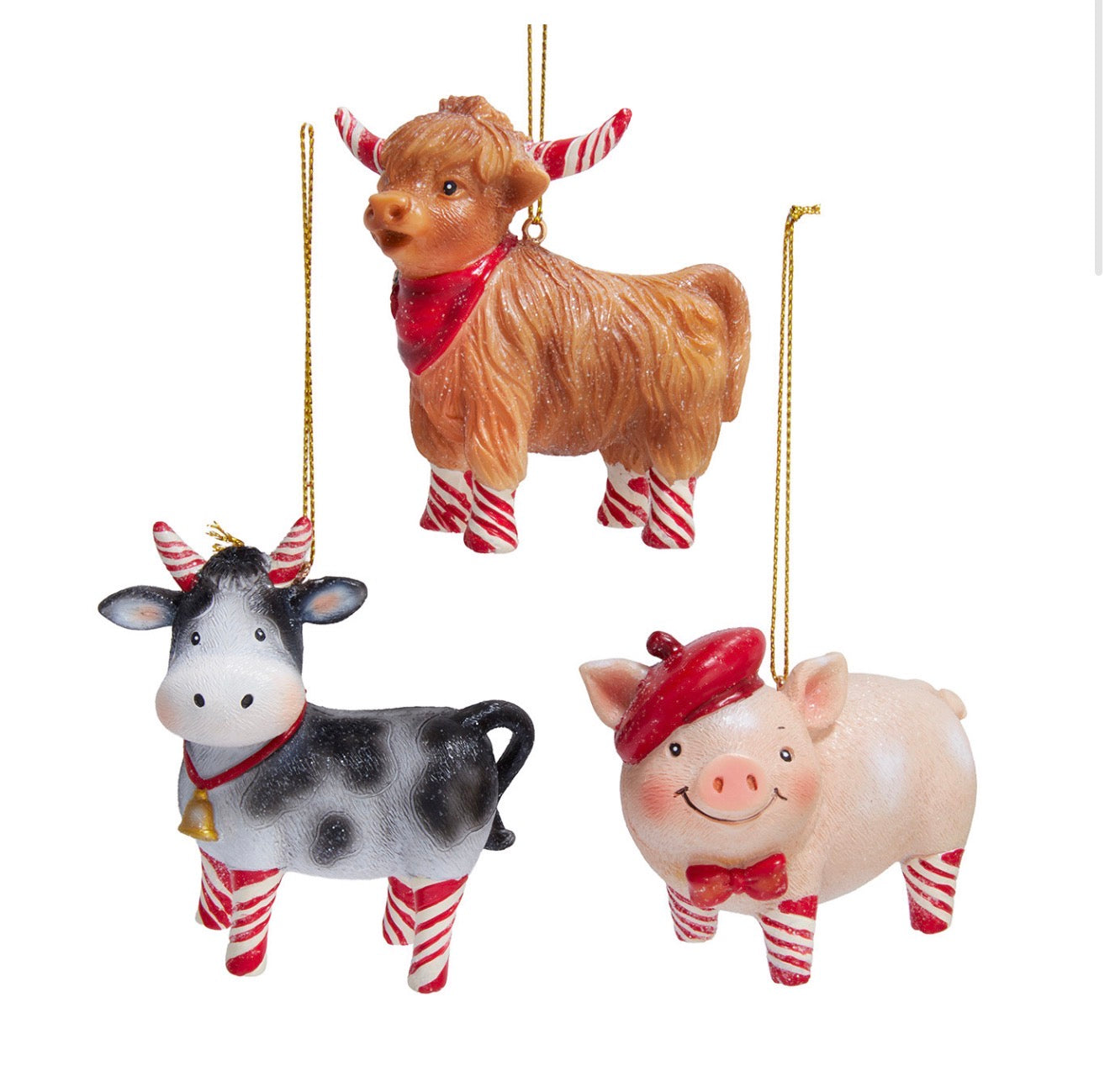 Red & White Candy Cane Farm Animal Ornaments, 3 Assorted (sold individually