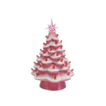 Ceramic LED Christmas Tree with Plastic Bulbs & Star, Pink & White, 13.75 Inches