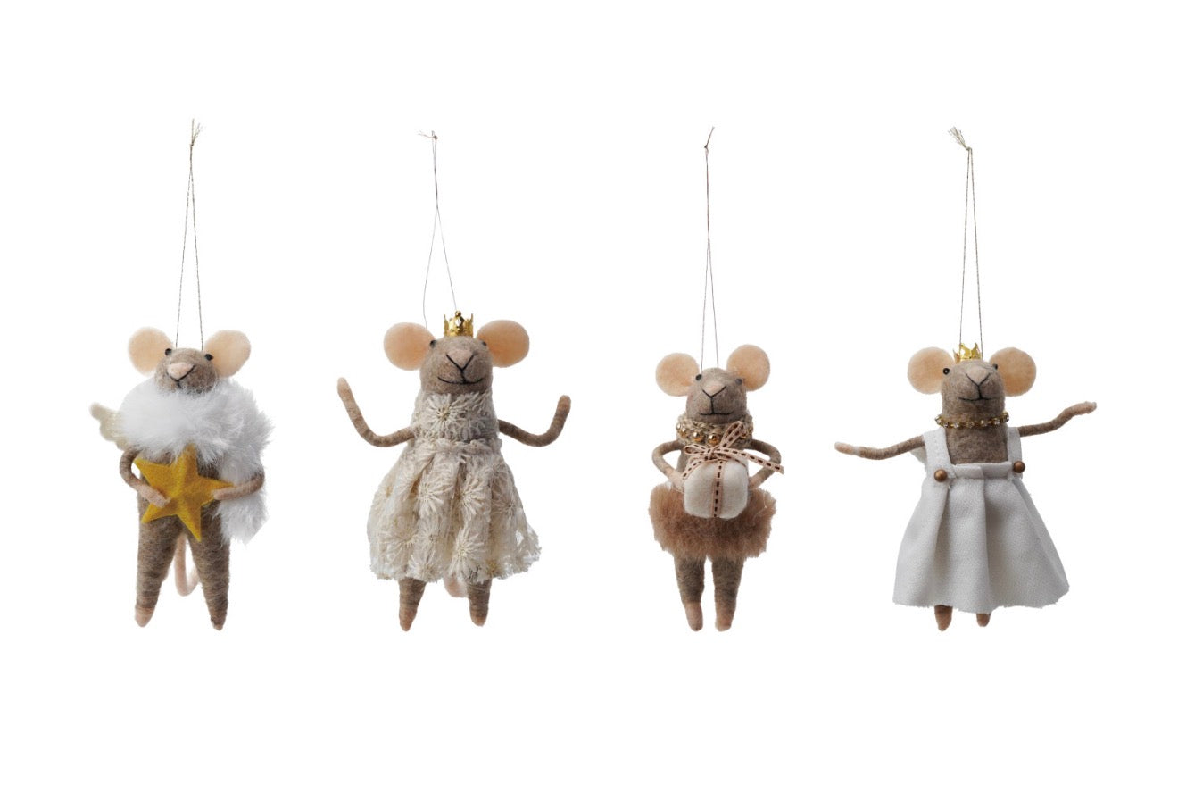 5" H Handmade Wool Felt Mouse in Party Clothes Ornament, 4 Assorted