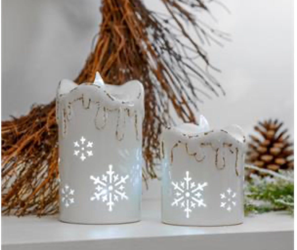 Season to Sparkle, LED Ceramic Candle with Snowflake Set of Two