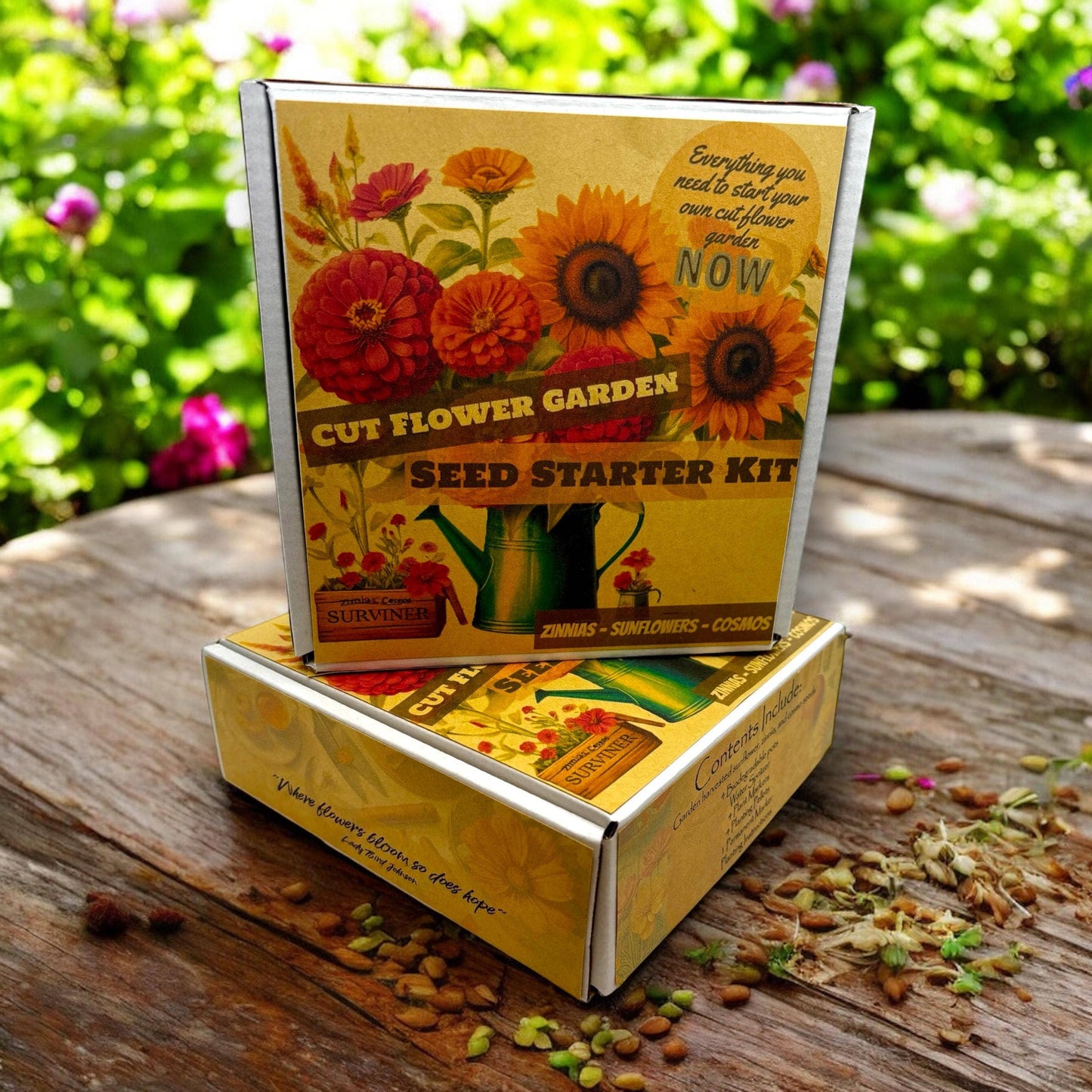 Fuschia Designs Shop - Cut Flower Garden Kit w/ Zinnia, Cosmo, and Sunflower seeds