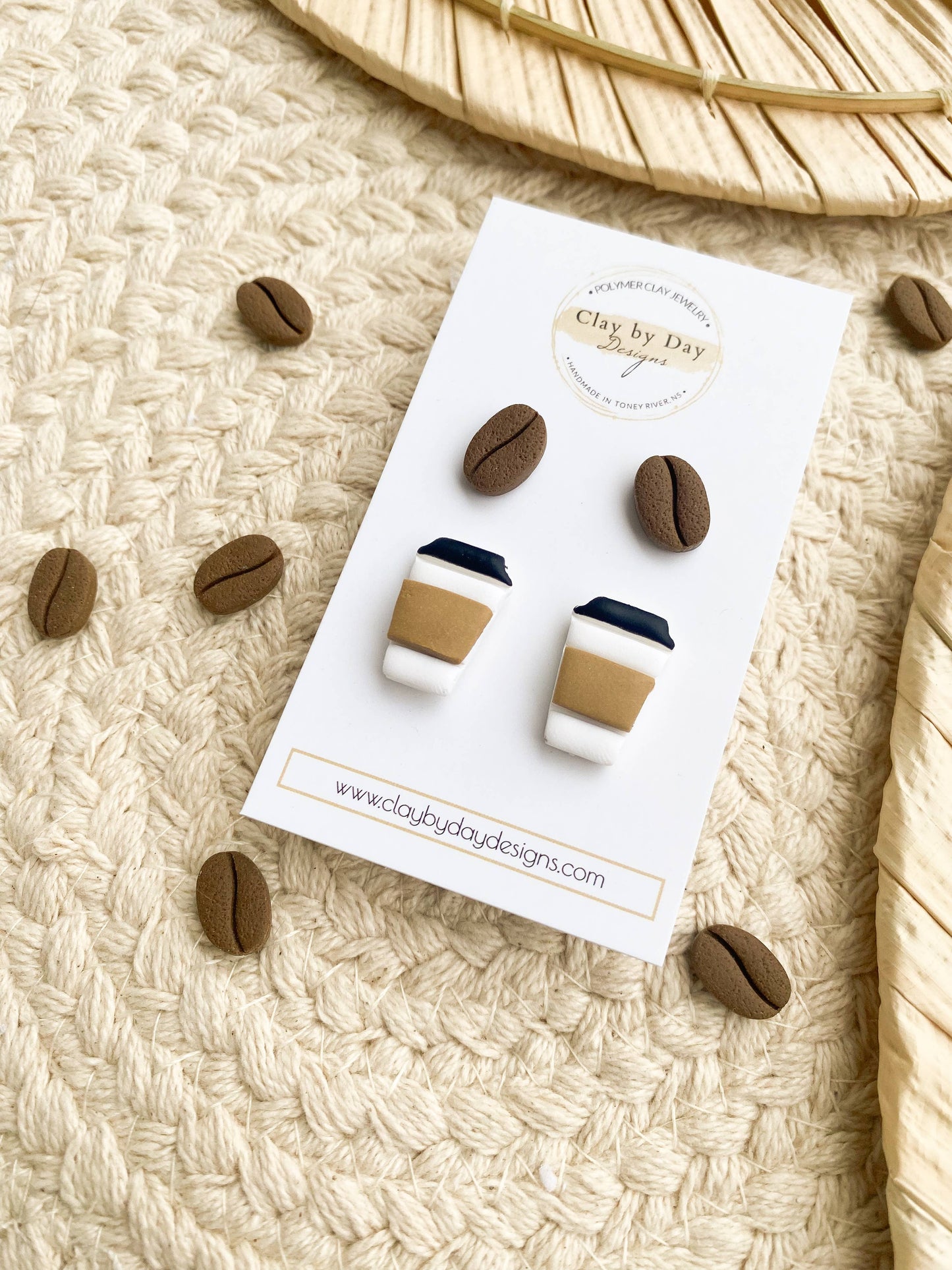 Clay by Day Designs - Coffee Cup & Coffee Bean Polymer Clay Stud Earrings Merch