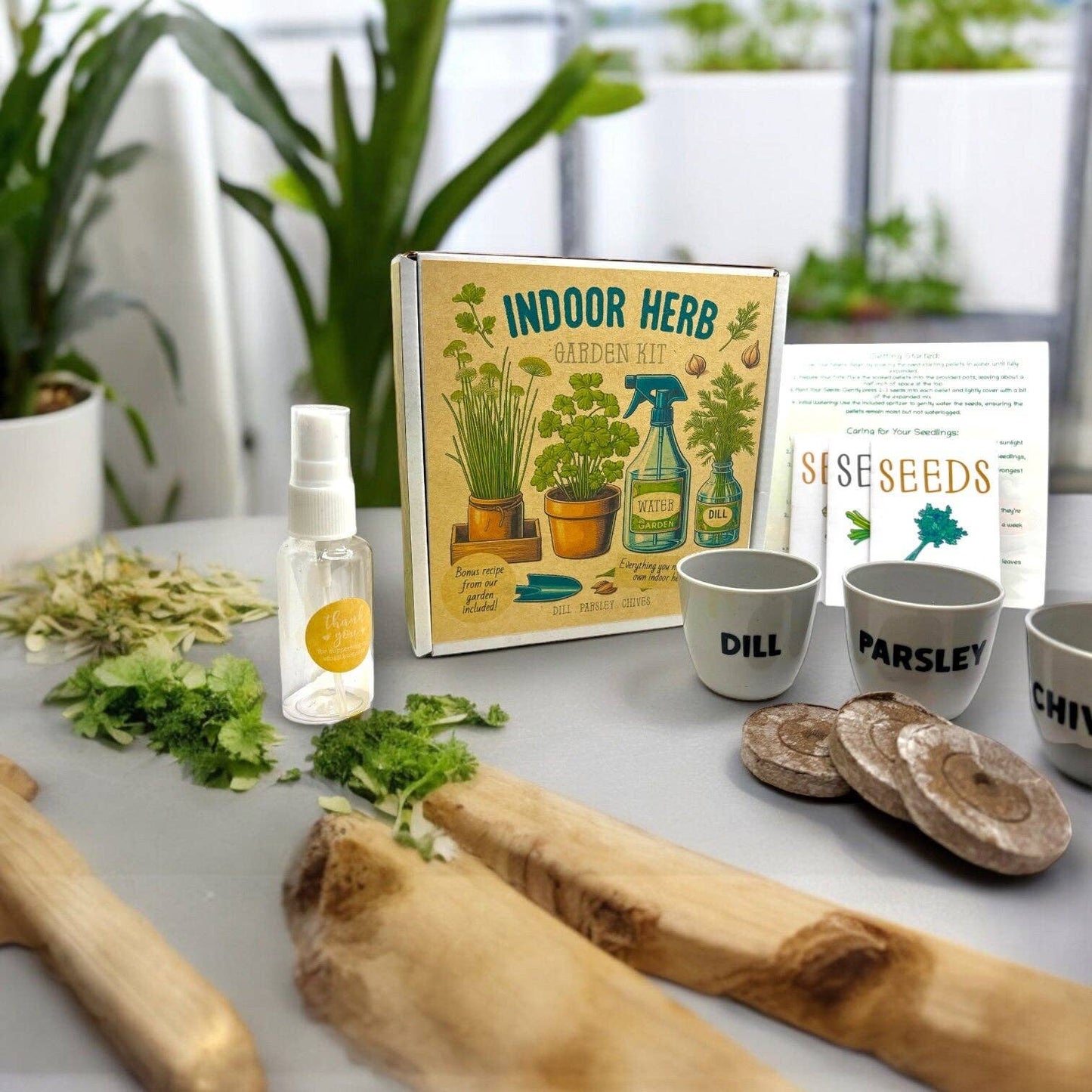 Fuschia Designs Shop - Indoor Herb Garden Starter Kit with Parsley, Chives, and Dill Seeds