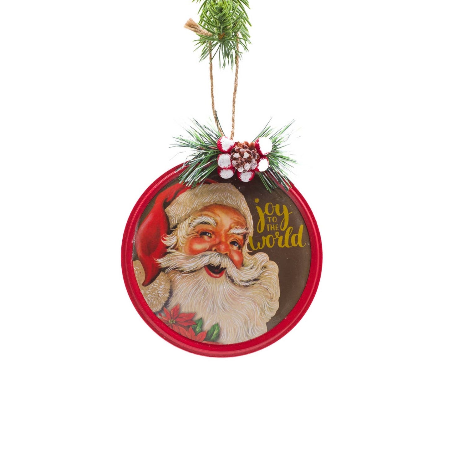Red Tin Ornament with Beautiful Vintage Santa, Sentiment joy to the world