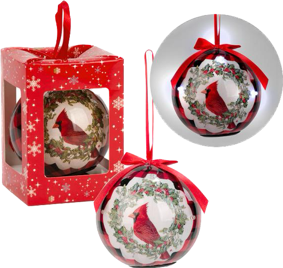 Led Ball Ornament Red Plaid Cardinal