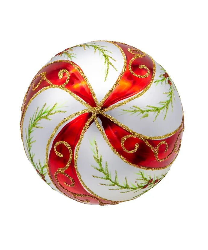 80MM Glass Red & White Holly Leaves Ball Ornaments, 6 Piece Box