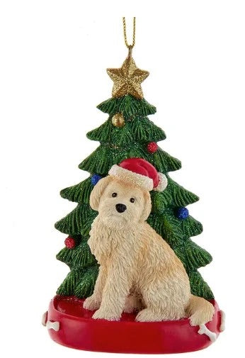 Cream Goldendoodle with Christmas Tree Ornament, 4", KAC7954