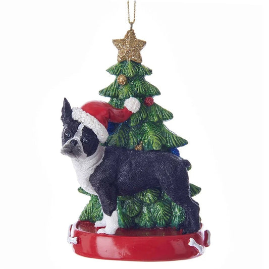 Boston Terrier with Christmas Tree, 4”, KA-C7954