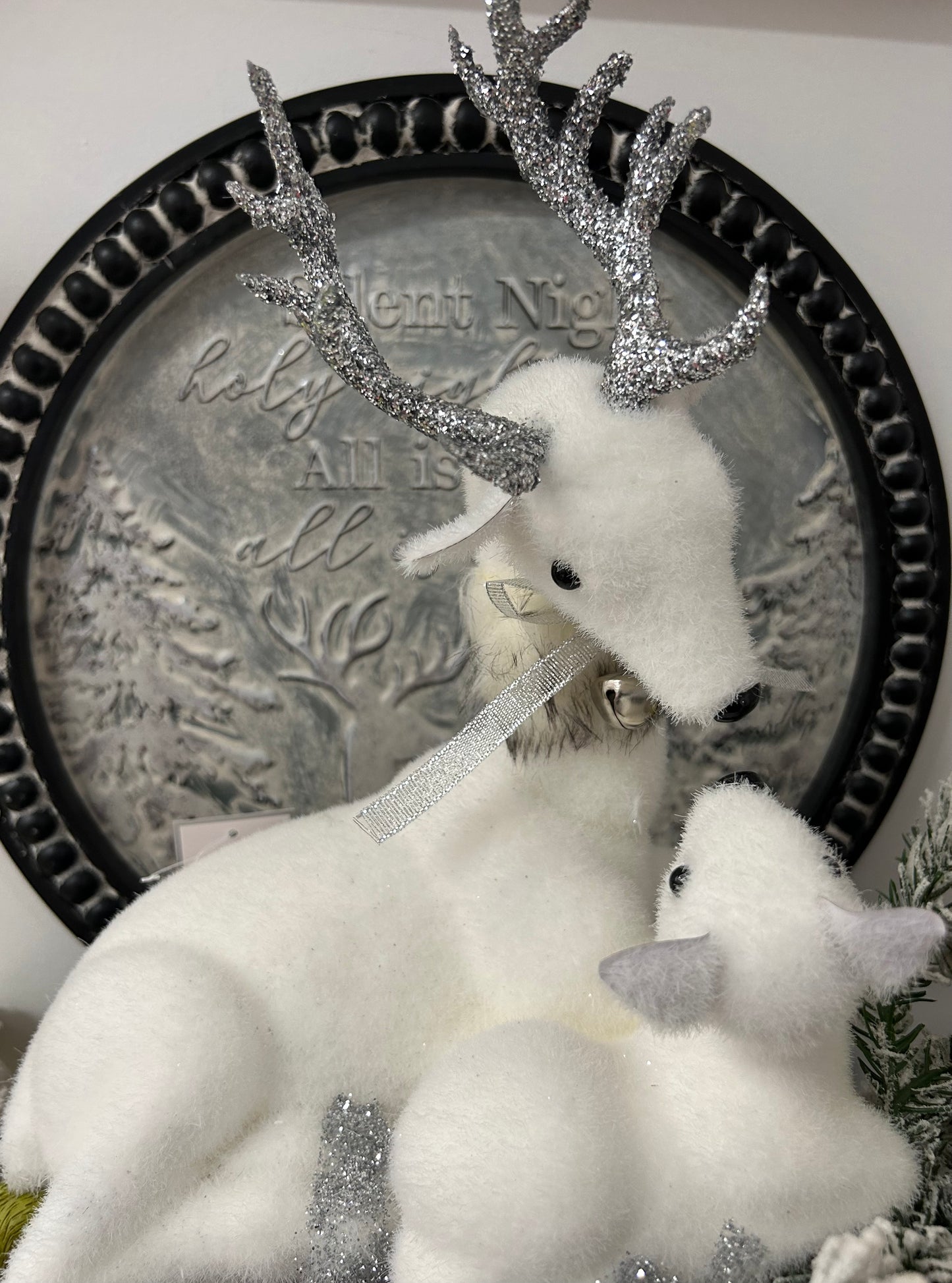 Flocked Reindeer Stag with Fawn Table Piece