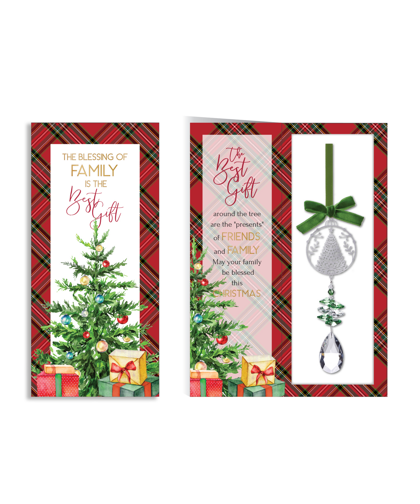 Beautiful Gift for a Family Member. Packaged in a complementary gift box, this tree ornament features a light pendant with twinkling rhinestones and a satin hanger. Tree ornament with twinkling tassels thoughtfully packaged in a gift box. Unique Gift, Metal.
Writing on front; the blessing of family is the best gift.
Inside; the best gifts around the tree are the presents of friends and family. May your family be blessed this Christmas.