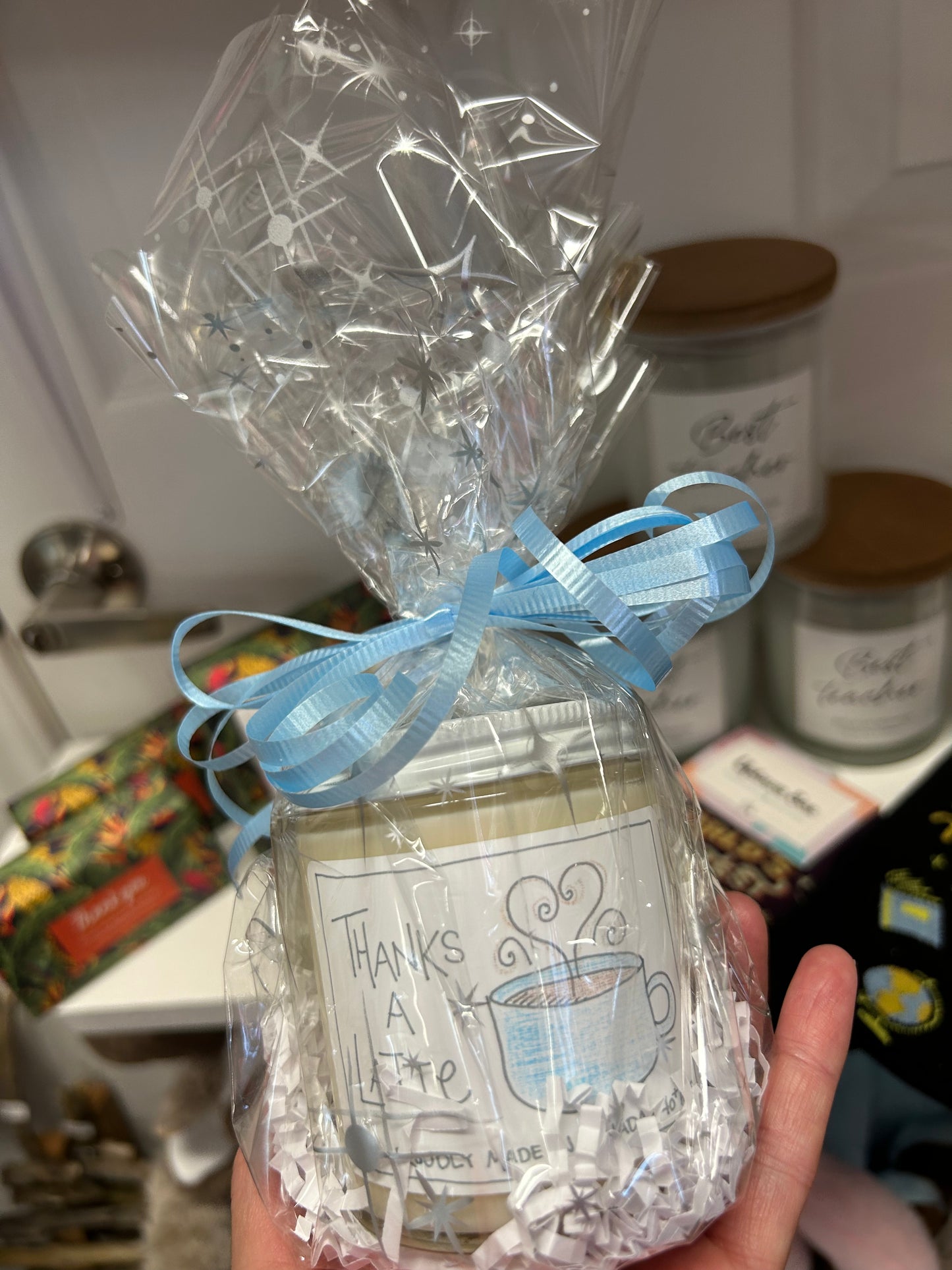 Thanks A Latte, 6 ounce candle with curling ribbon